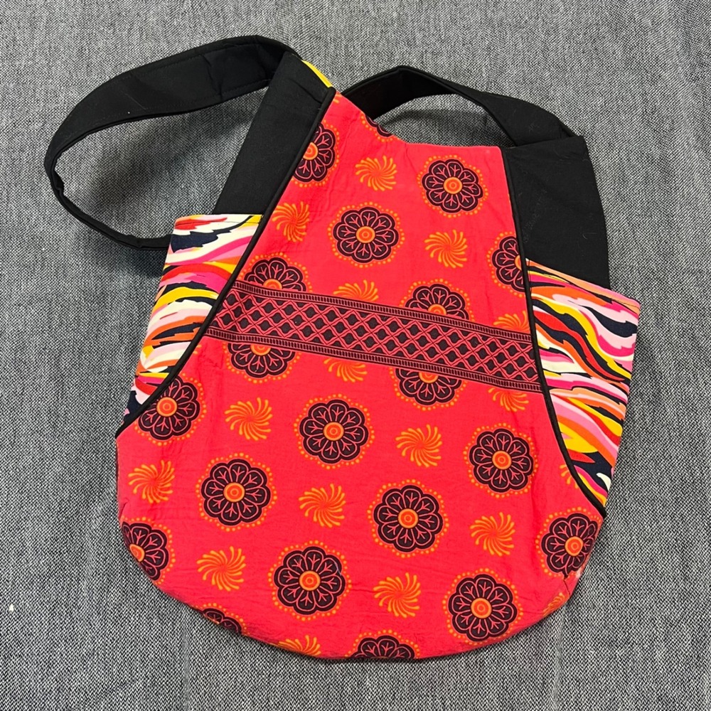 Handmade‎ Boho Patchwork Tote Bag Colorful Floral Swirls Black Straps
